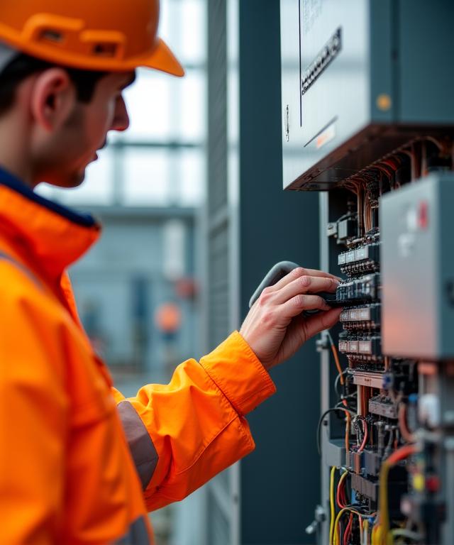 Инженер проверяет солнечный инвертор